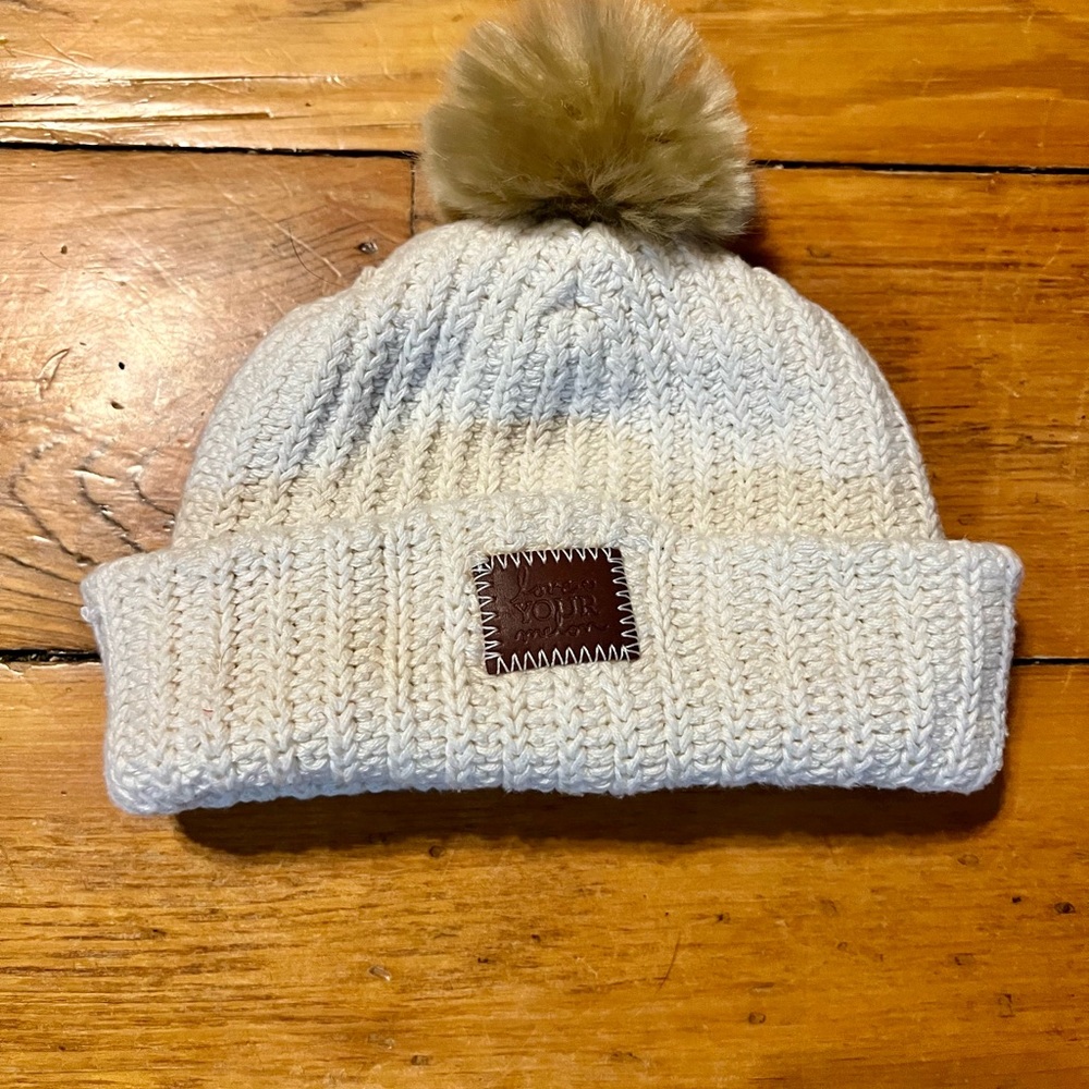 Love Your Melon Cream Knit Beanie with Tan Pom-Pom